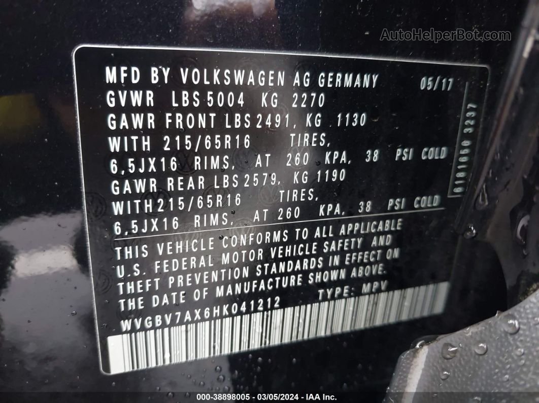 2017 Volkswagen Tiguan 2.0t/2.0t S Черный vin: WVGBV7AX6HK041212