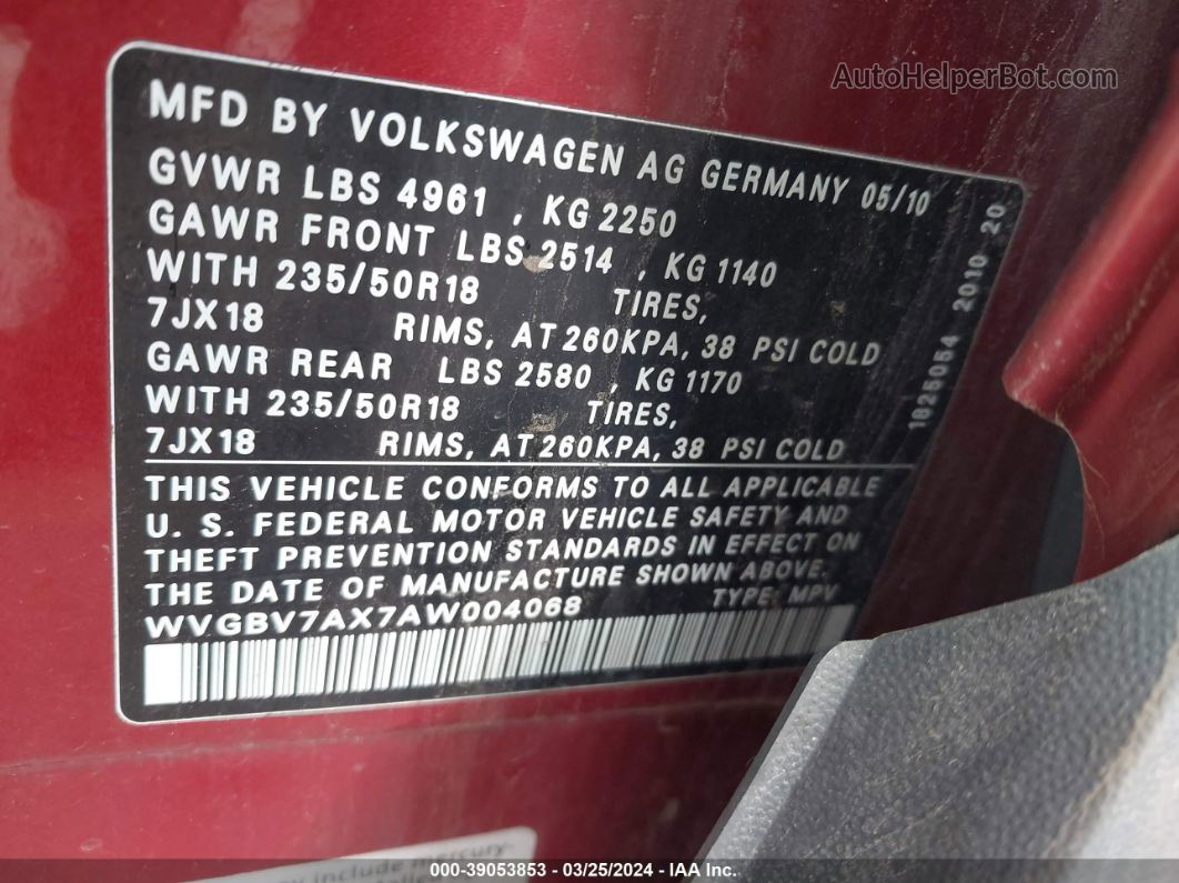 2010 Volkswagen Tiguan Sel Red vin: WVGBV7AX7AW004068