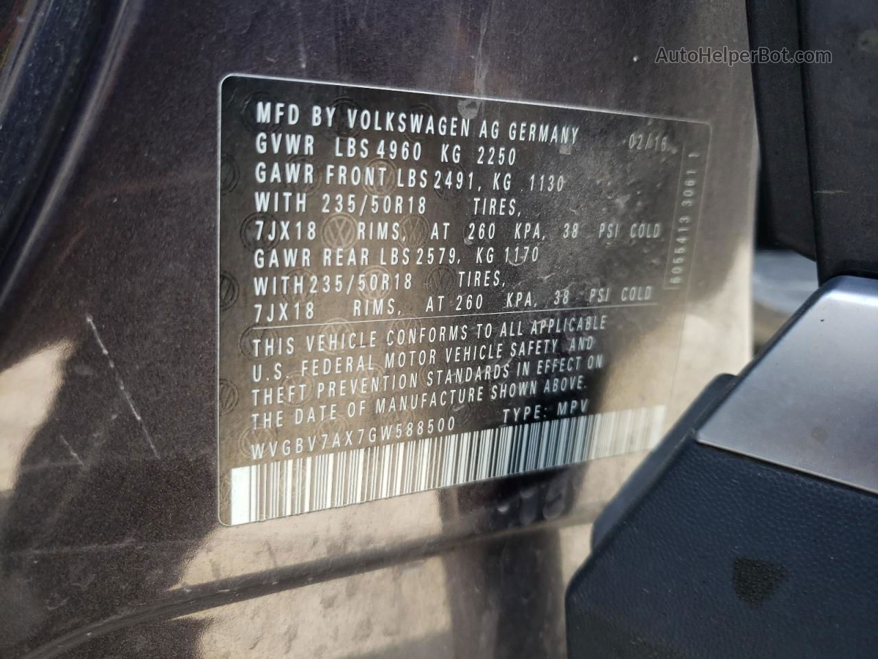 2016 Volkswagen Tiguan S Charcoal vin: WVGBV7AX7GW588500