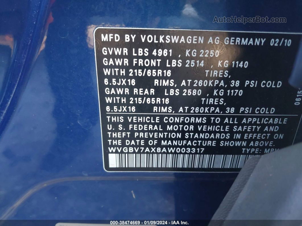 2010 Volkswagen Tiguan S Синий vin: WVGBV7AX8AW003317