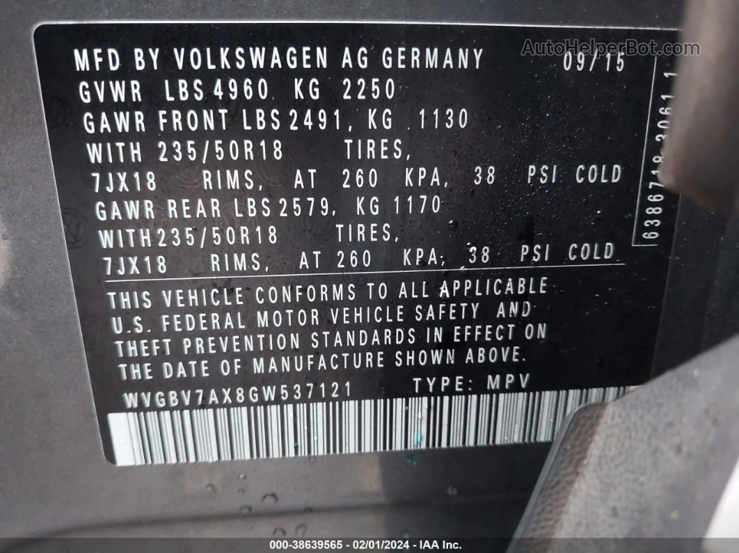 2016 Volkswagen Tiguan Se Gray vin: WVGBV7AX8GW537121