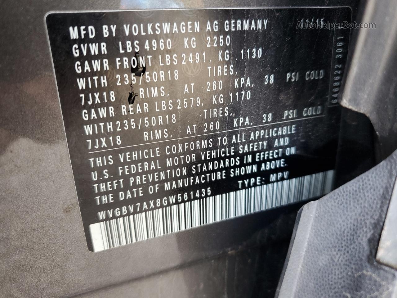 2016 Volkswagen Tiguan S Серый vin: WVGBV7AX8GW561435