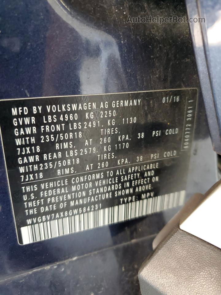 2016 Volkswagen Tiguan S Синий vin: WVGBV7AX8GW584231