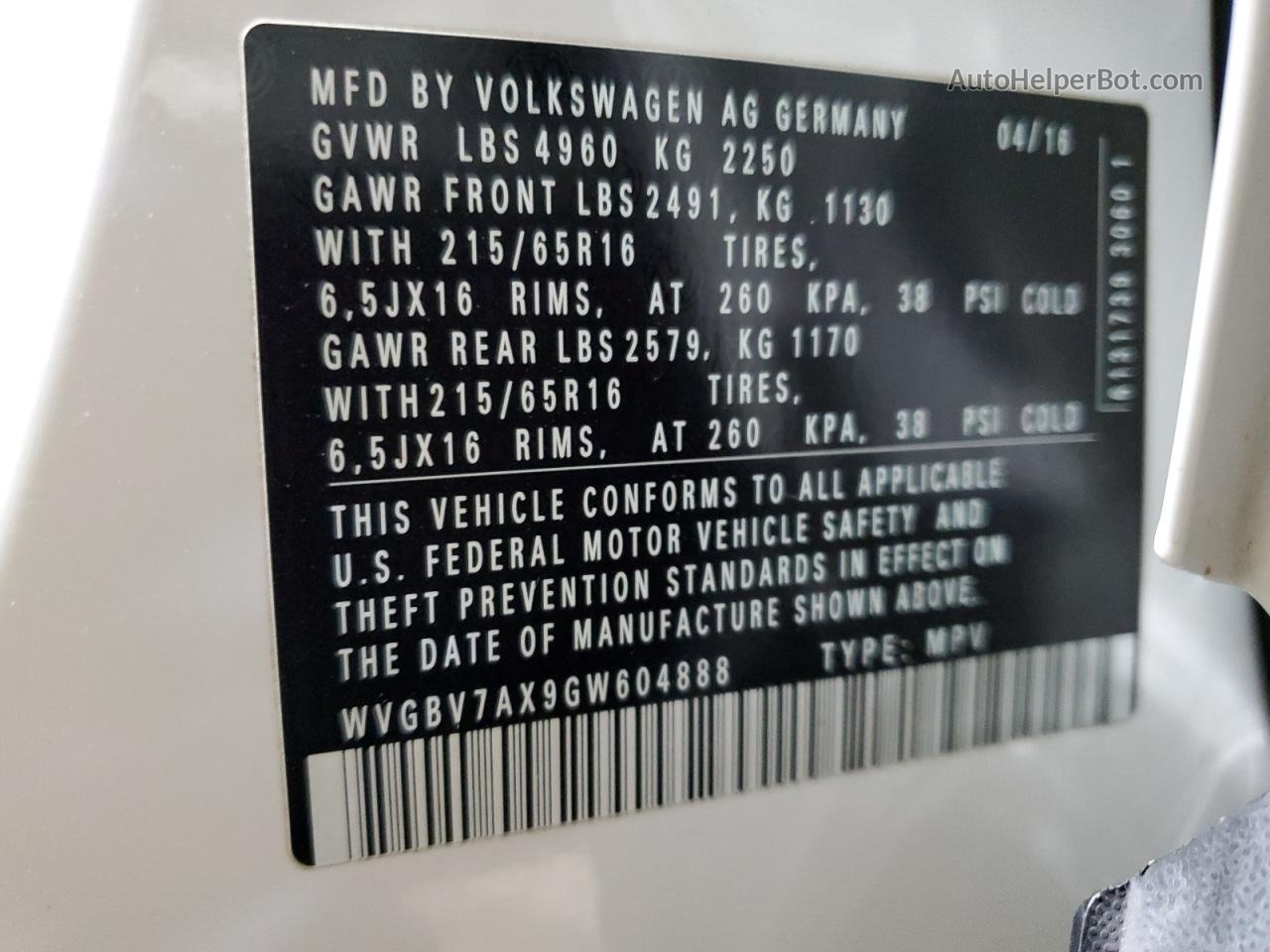 2016 Volkswagen Tiguan S Белый vin: WVGBV7AX9GW604888