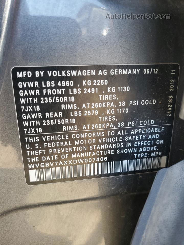 2013 Volkswagen Tiguan S Gray vin: WVGBV7AXXDW007406