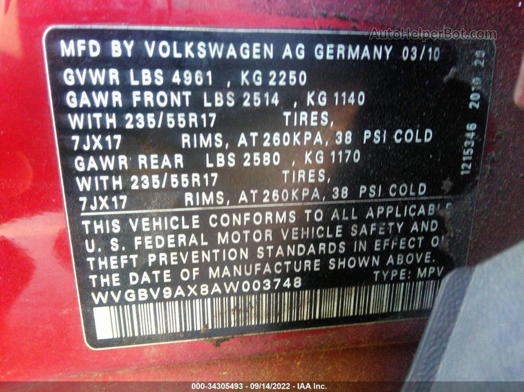 2010 Volkswagen Tiguan Wolfsburg Edition Красный vin: WVGBV9AX8AW003748