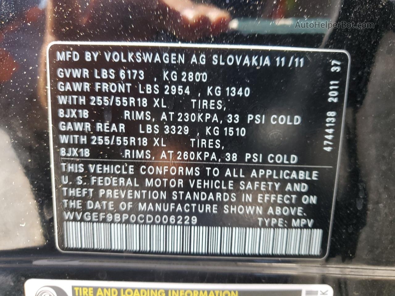 2012 Volkswagen Touareg V6 Черный vin: WVGEF9BP0CD006229