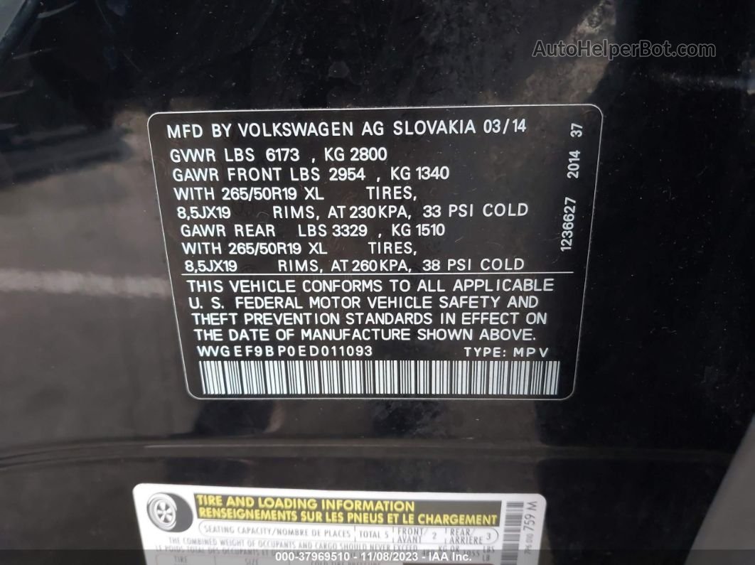 2014 Volkswagen Touareg 3.6l Lux Black vin: WVGEF9BP0ED011093