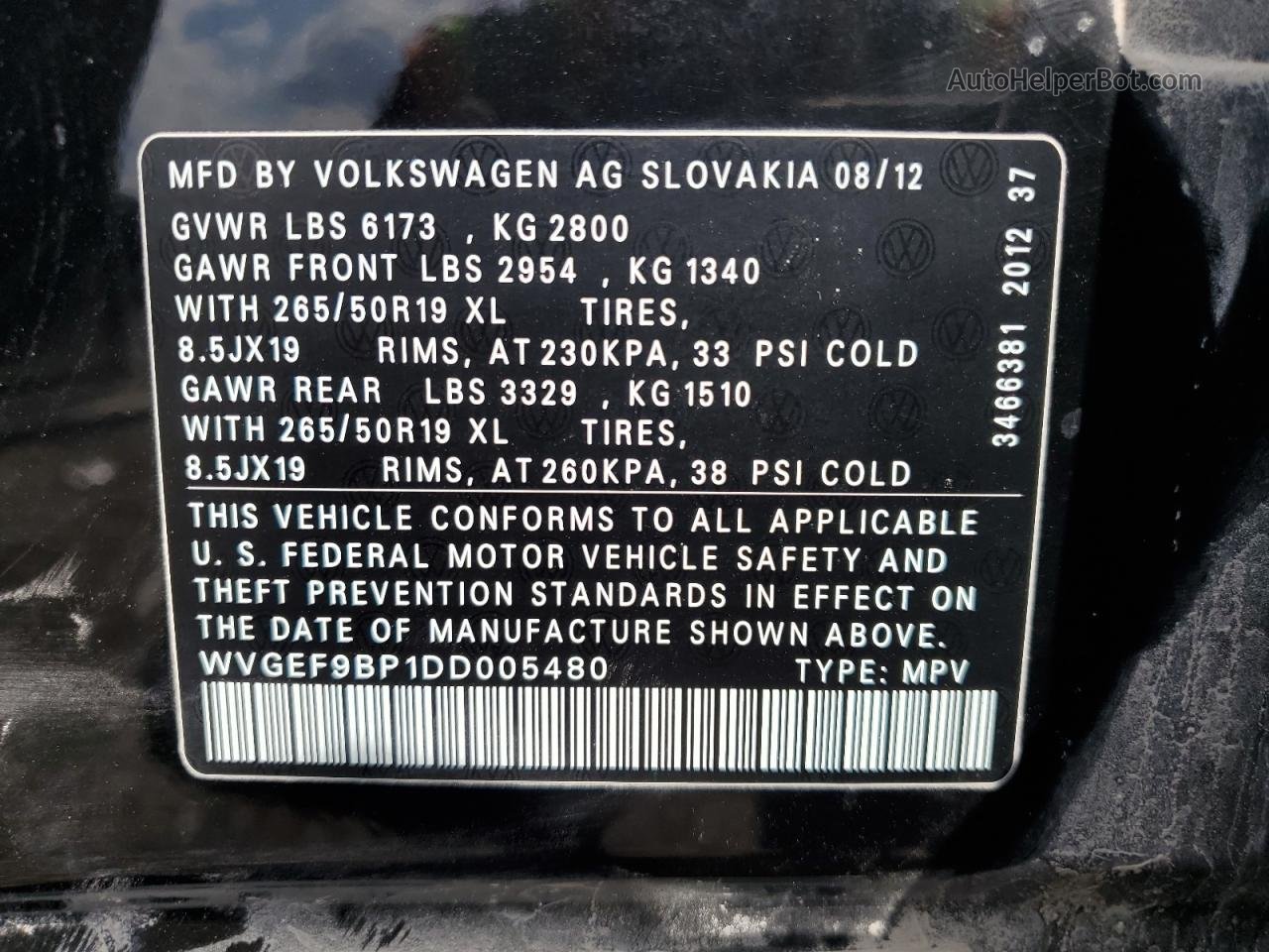 2013 Volkswagen Touareg V6 Black vin: WVGEF9BP1DD005480
