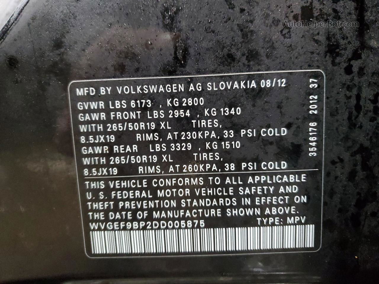 2013 Volkswagen Touareg V6 Черный vin: WVGEF9BP2DD005875