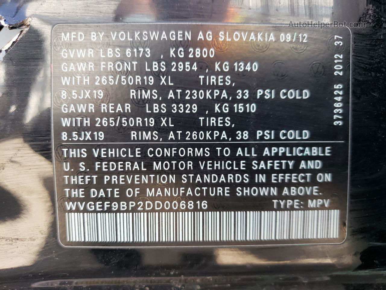 2013 Volkswagen Touareg V6 Black vin: WVGEF9BP2DD006816