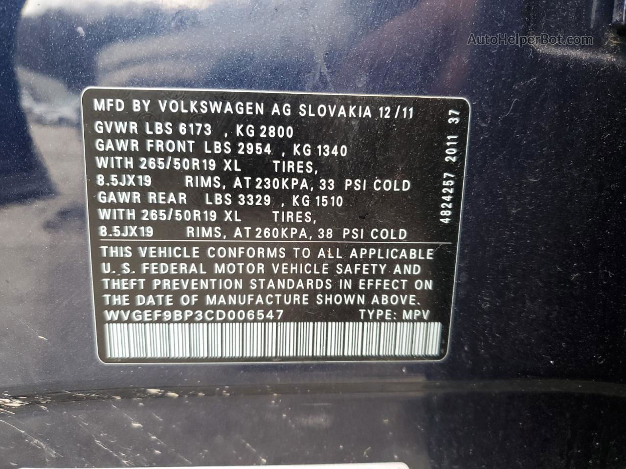 2012 Volkswagen Touareg V6 Blue vin: WVGEF9BP3CD006547