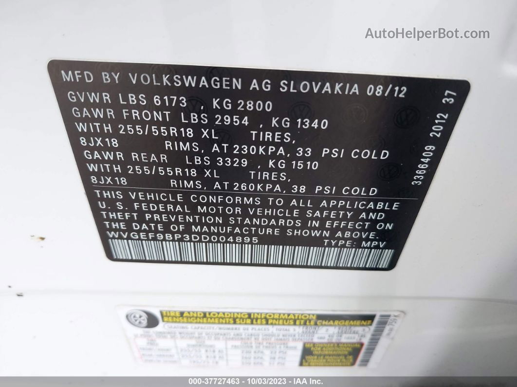 2013 Volkswagen Touareg Vr6 Sport White vin: WVGEF9BP3DD004895