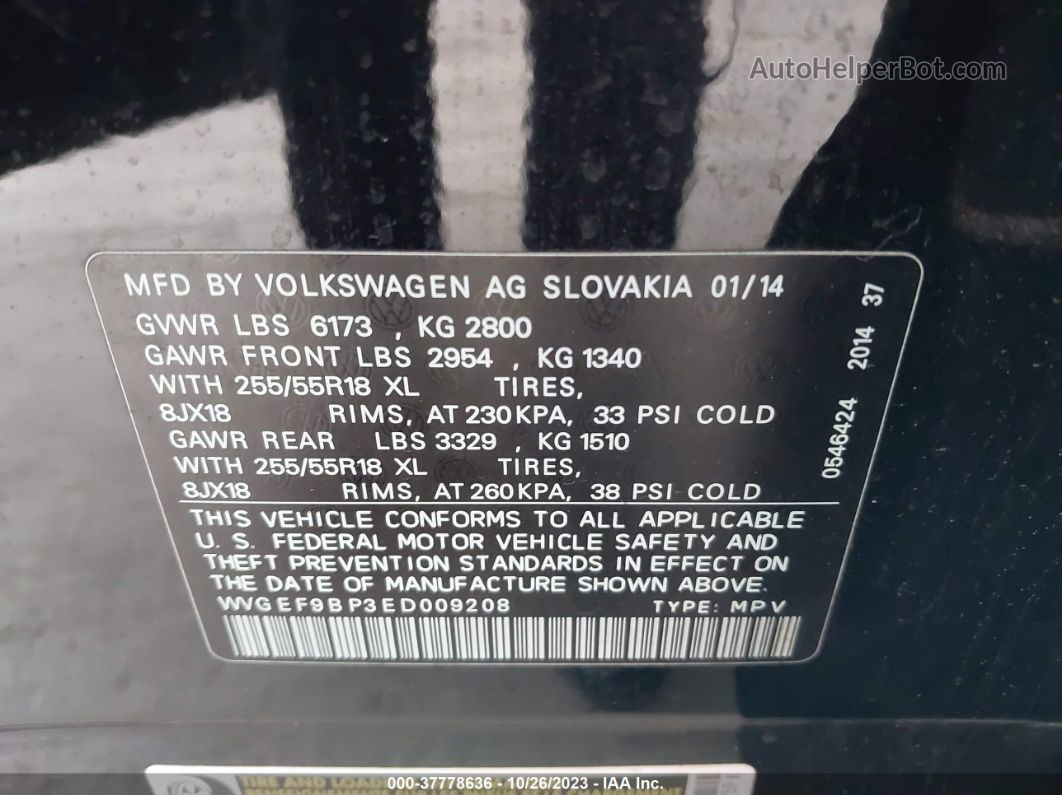 2014 Volkswagen Touareg Sport W/nav Черный vin: WVGEF9BP3ED009208