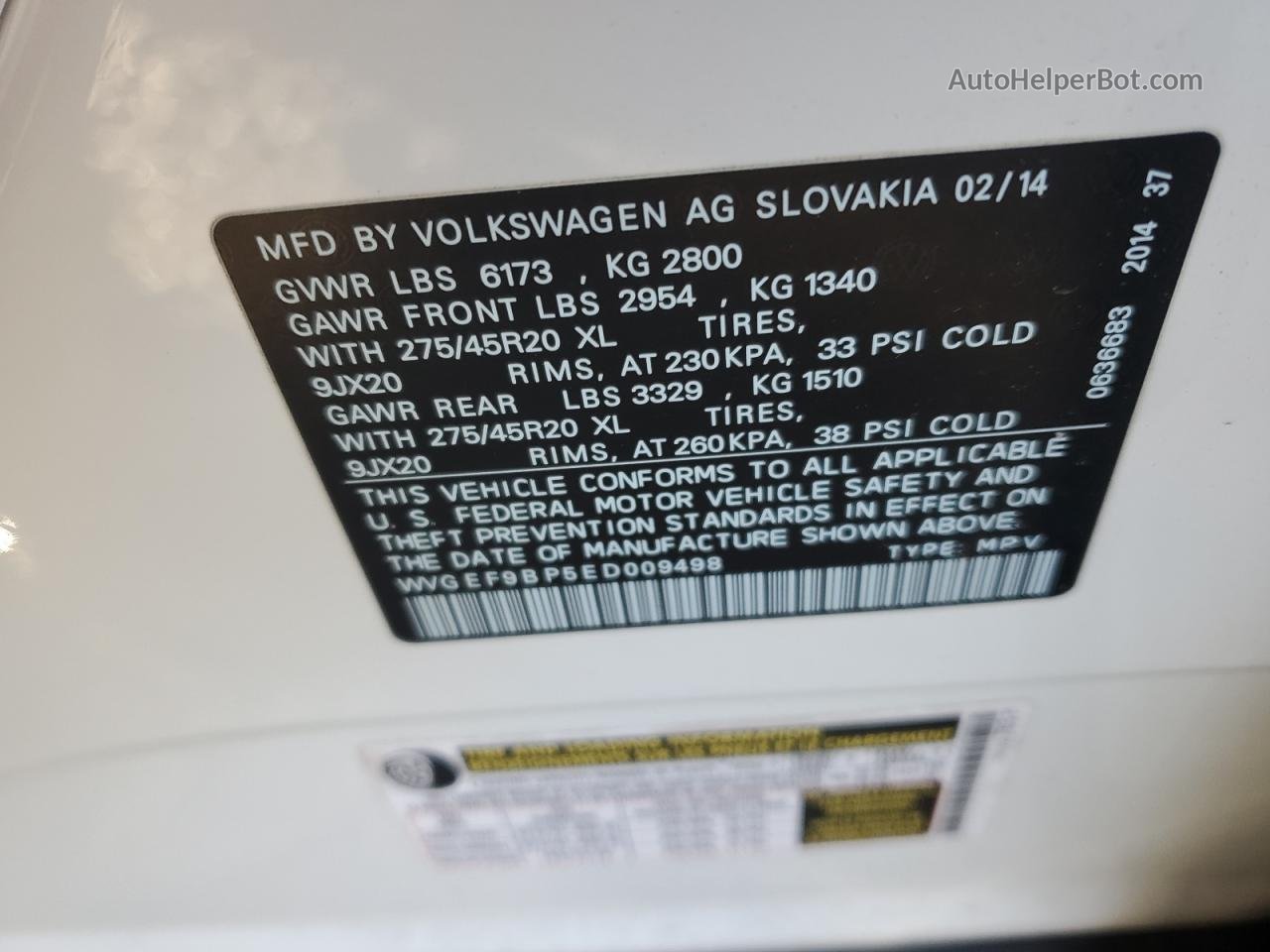 2014 Volkswagen Touareg V6 White vin: WVGEF9BP5ED009498