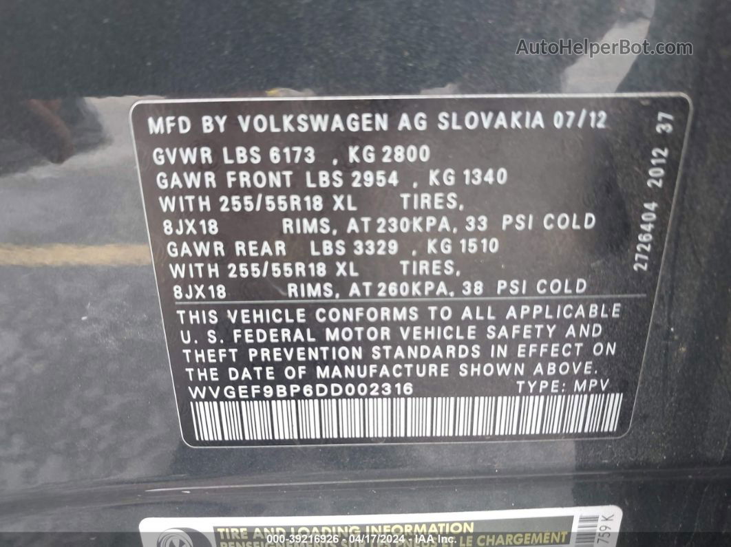 2013 Volkswagen Touareg Vr6 Sport Gray vin: WVGEF9BP6DD002316