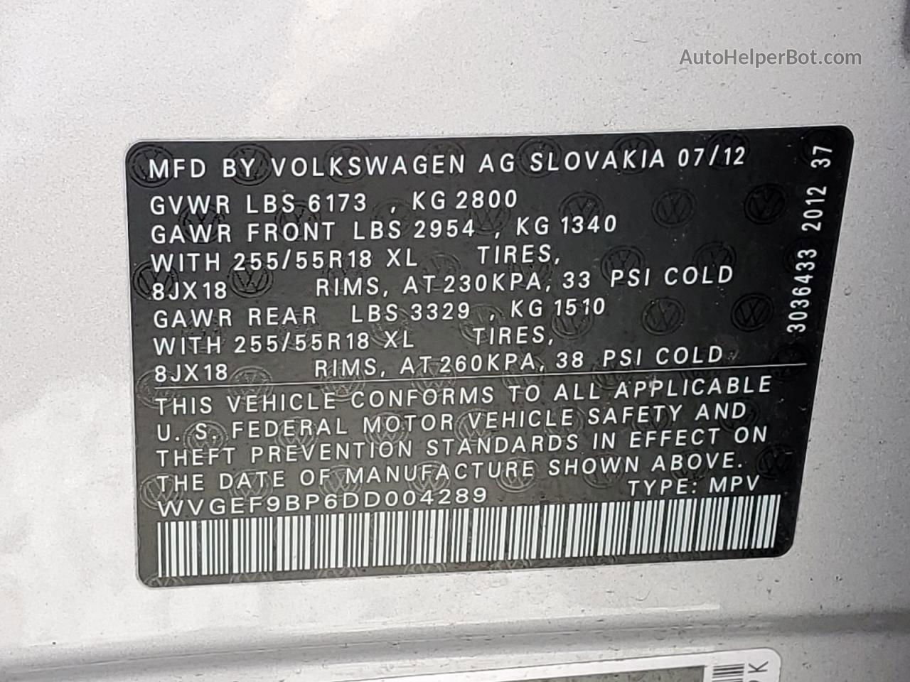 2013 Volkswagen Touareg V6 Silver vin: WVGEF9BP6DD004289