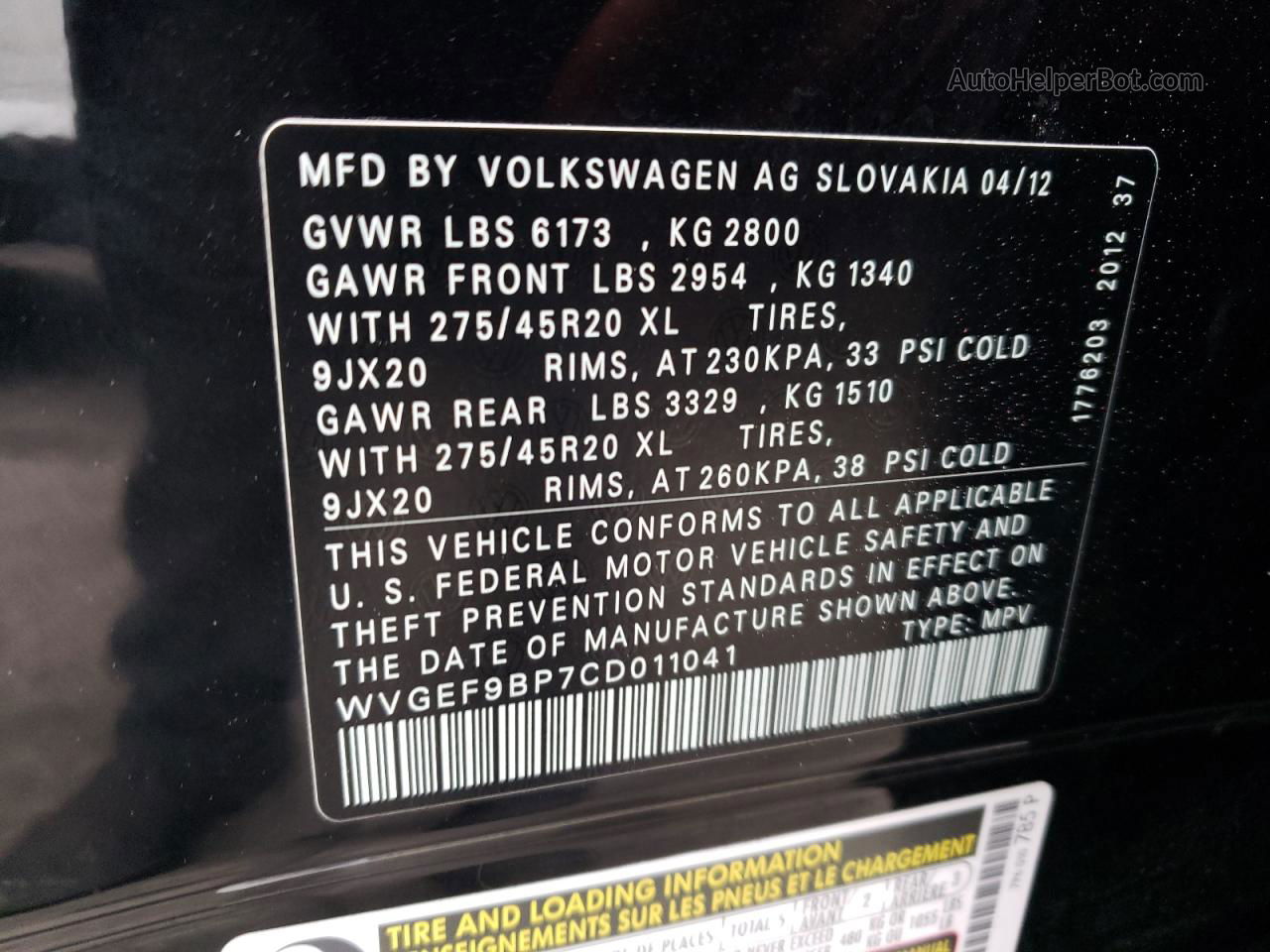 2012 Volkswagen Touareg V6 Black vin: WVGEF9BP7CD011041