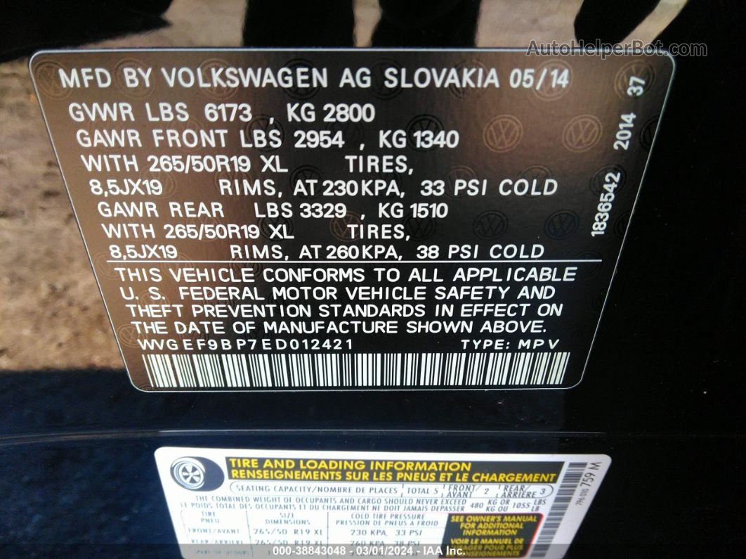 2014 Volkswagen Touareg 3.6l Lux Черный vin: WVGEF9BP7ED012421