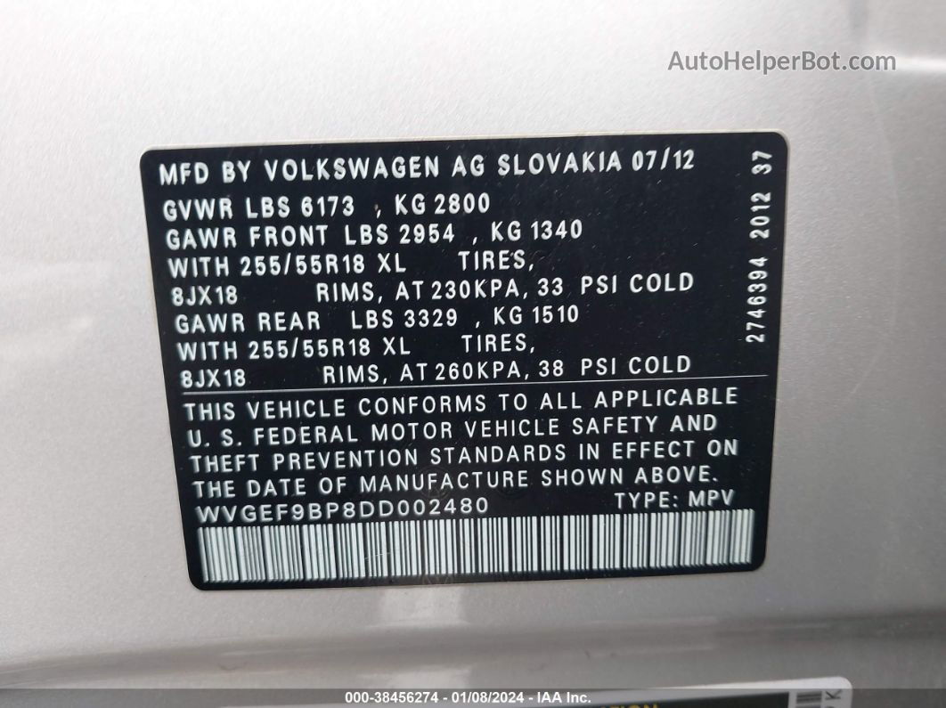 2013 Volkswagen Touareg Vr6 Sport Silver vin: WVGEF9BP8DD002480