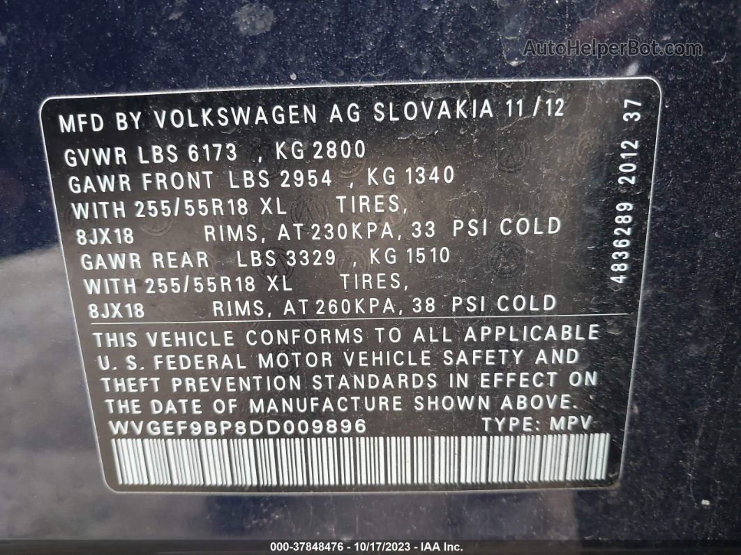 2013 Volkswagen Touareg Sport Blue vin: WVGEF9BP8DD009896