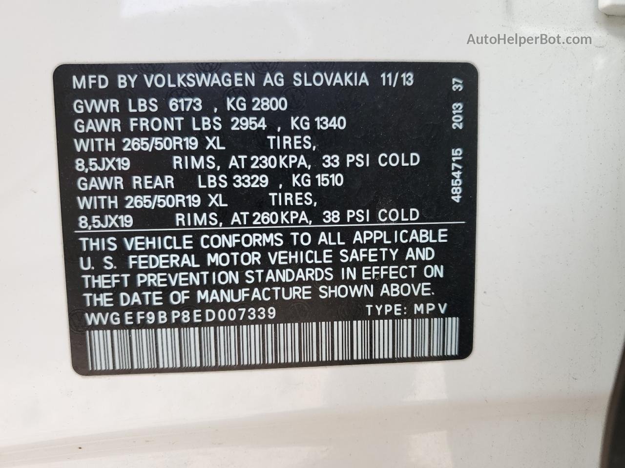 2014 Volkswagen Touareg V6 Белый vin: WVGEF9BP8ED007339