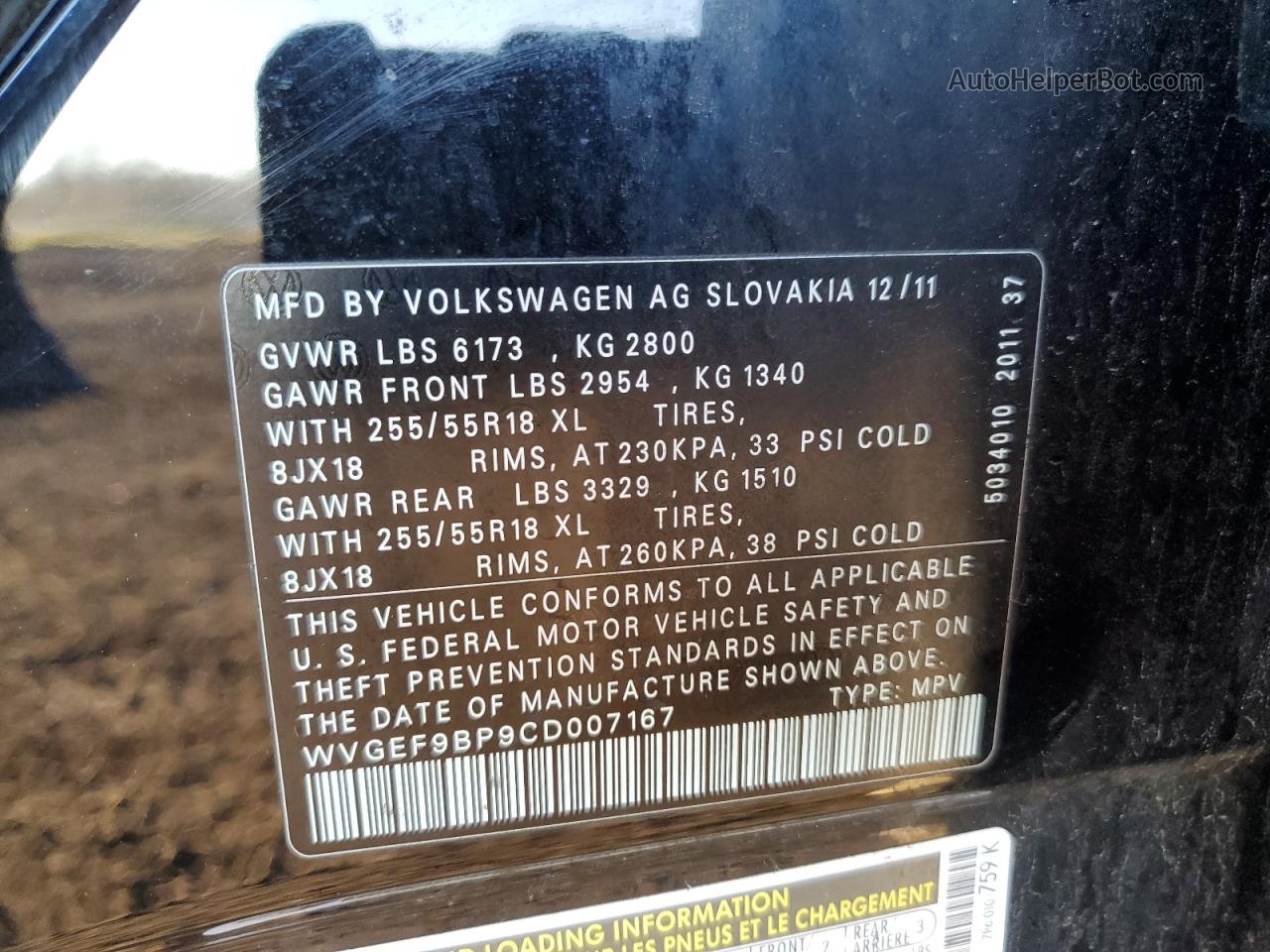 2012 Volkswagen Touareg V6 Black vin: WVGEF9BP9CD007167