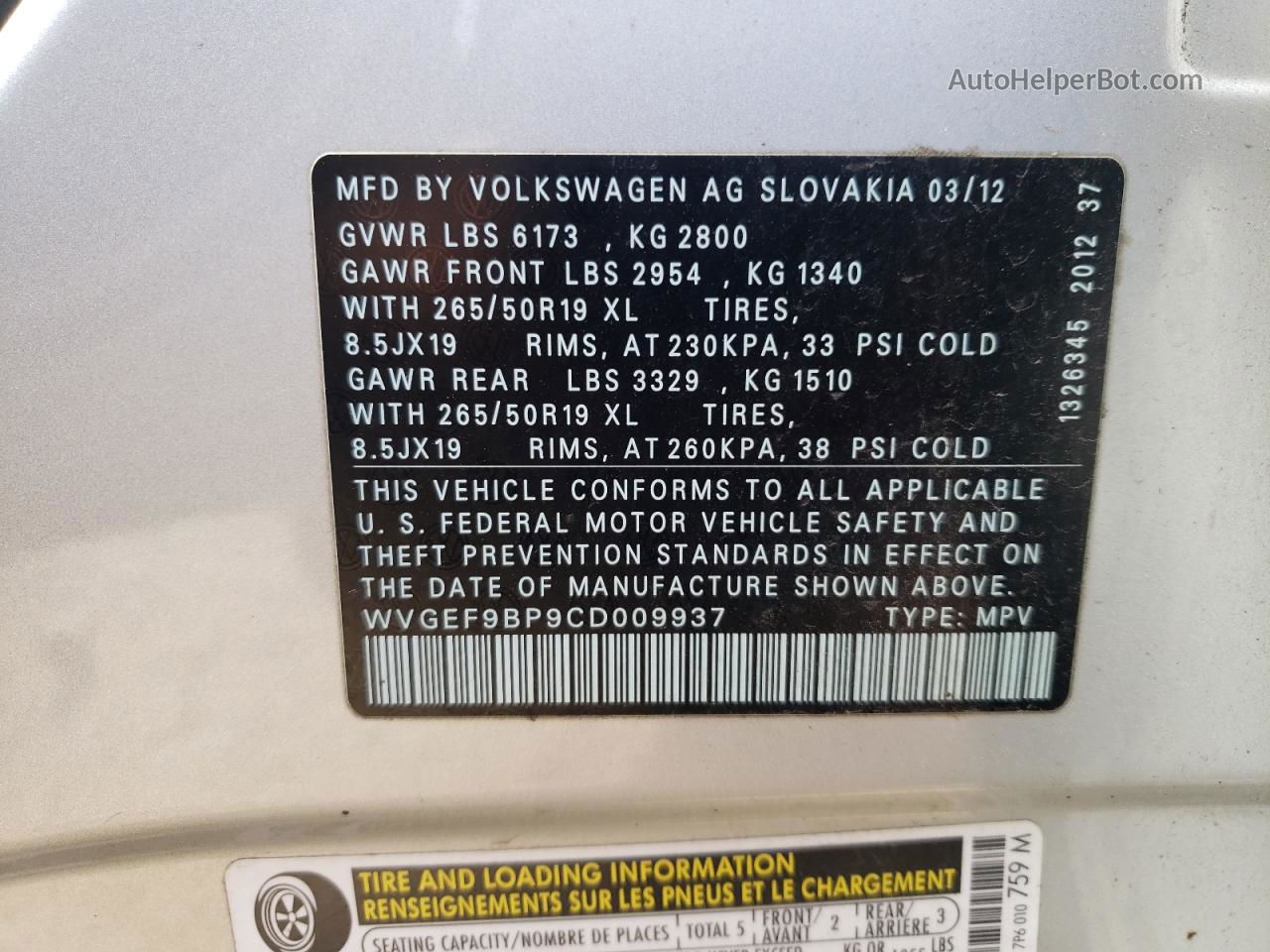 2012 Volkswagen Touareg V6 Silver vin: WVGEF9BP9CD009937