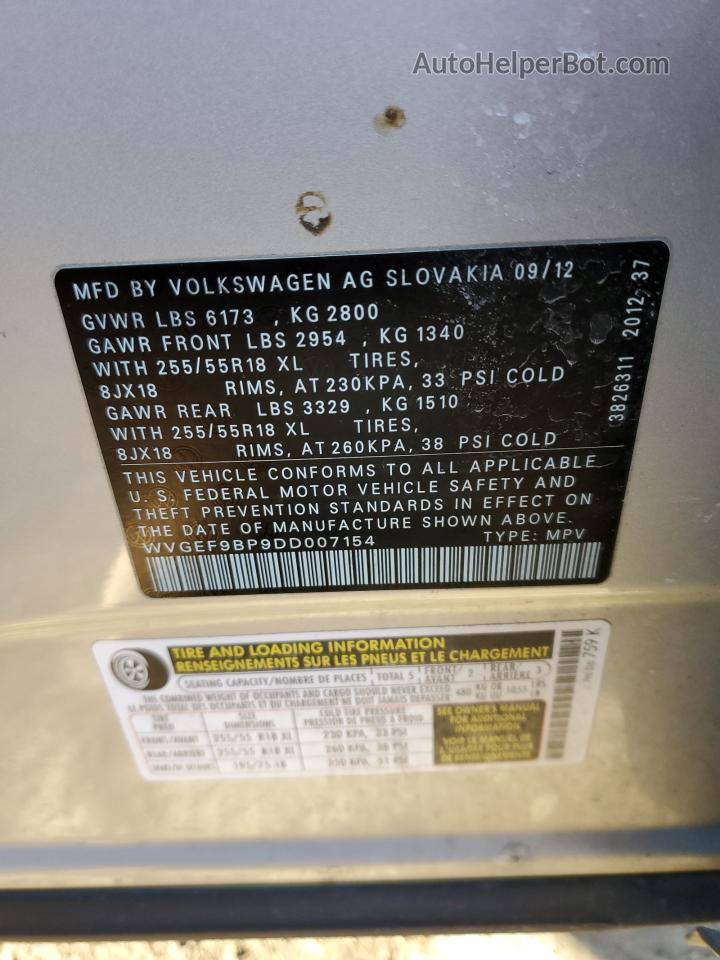 2013 Volkswagen Touareg V6 Silver vin: WVGEF9BP9DD007154