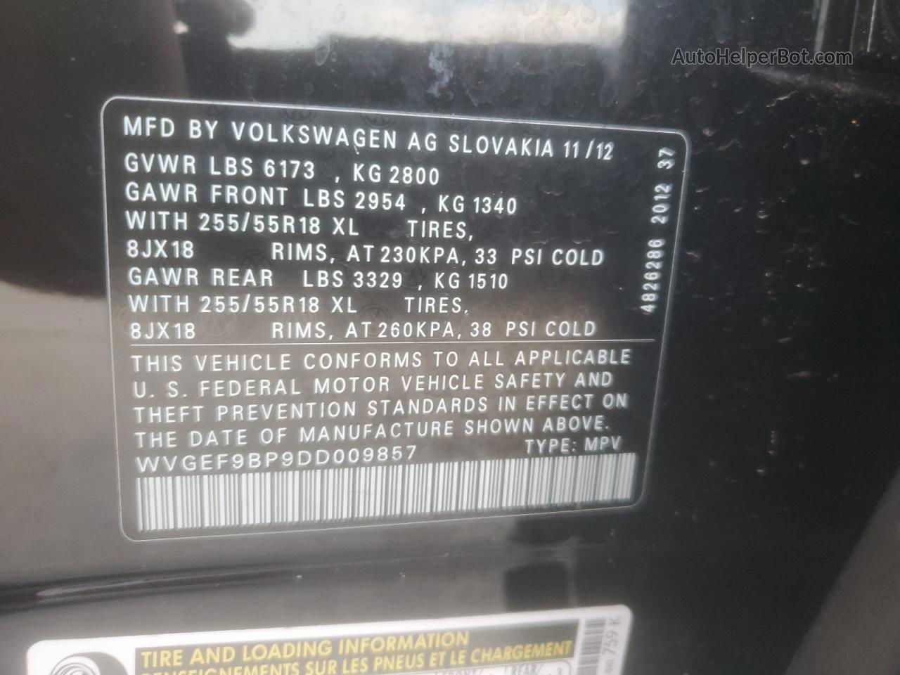 2013 Volkswagen Touareg V6 Black vin: WVGEF9BP9DD009857