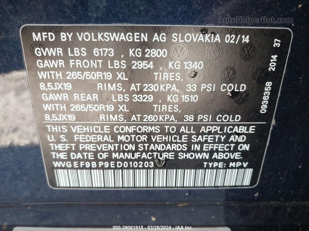 2014 Volkswagen Touareg 3.6l Lux Dark Blue vin: WVGEF9BP9ED010203