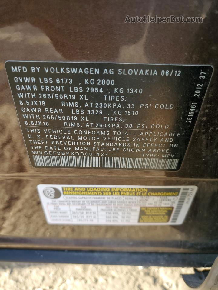 2013 Volkswagen Touareg V6 Желто-коричневый vin: WVGEF9BPXDD001427