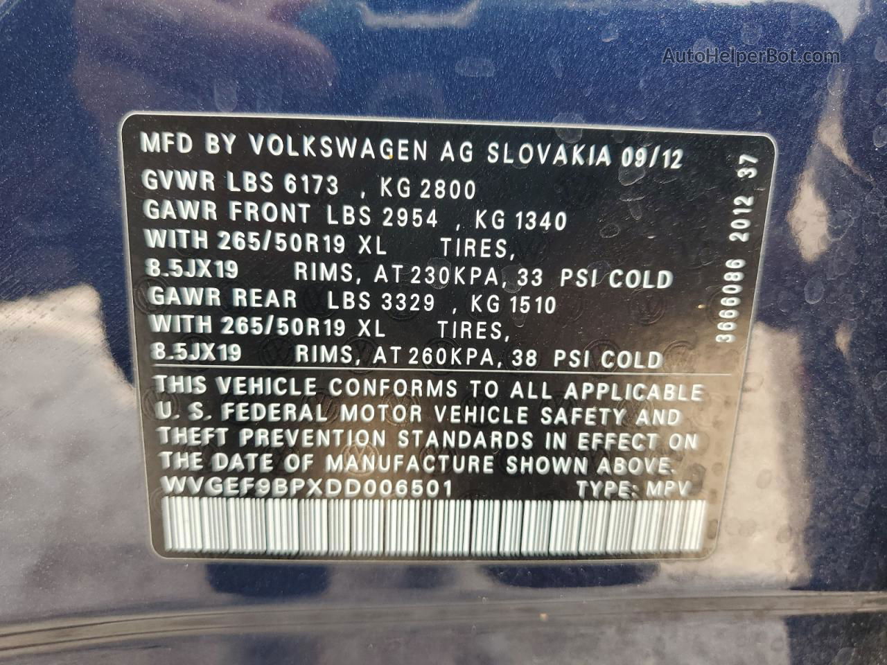 2013 Volkswagen Touareg V6 Blue vin: WVGEF9BPXDD006501