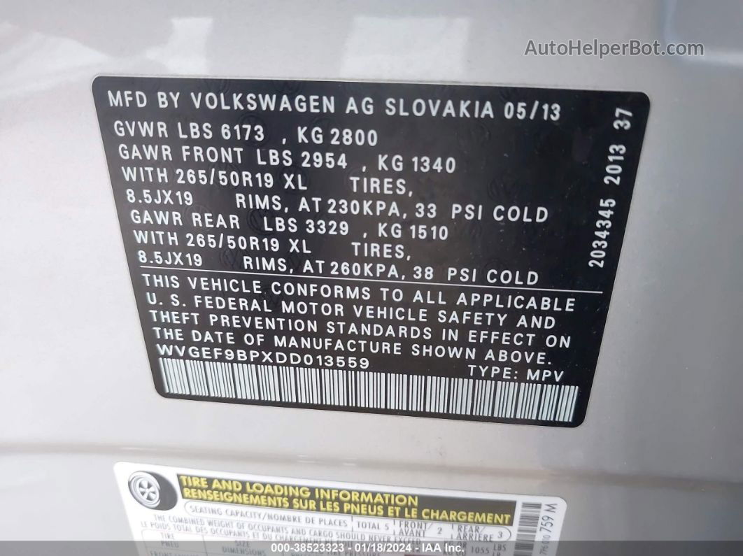 2013 Volkswagen Touareg Vr6 Lux Silver vin: WVGEF9BPXDD013559