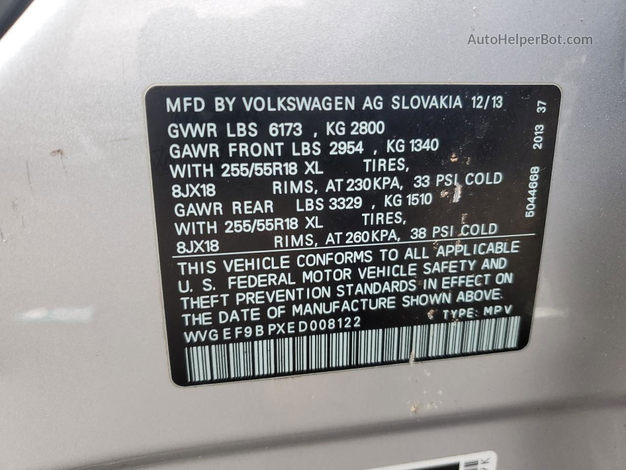 2014 Volkswagen Touareg V6 Silver vin: WVGEF9BPXED008122