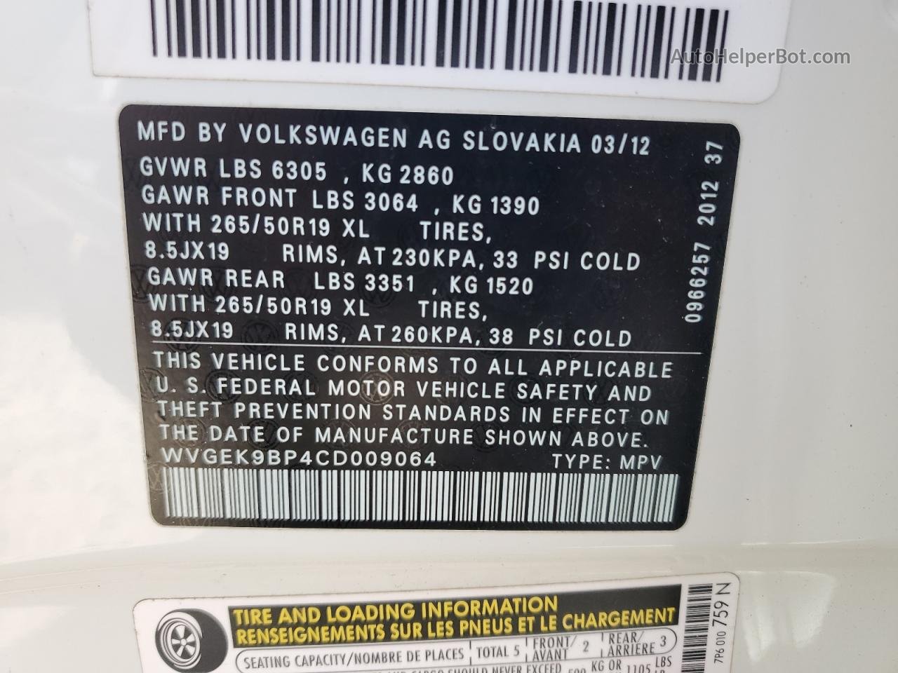 2012 Volkswagen Touareg V6 Tdi White vin: WVGEK9BP4CD009064