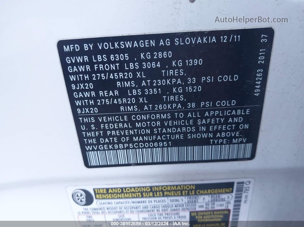 2012 Volkswagen Touareg Tdi Executive White vin: WVGEK9BP5CD006951