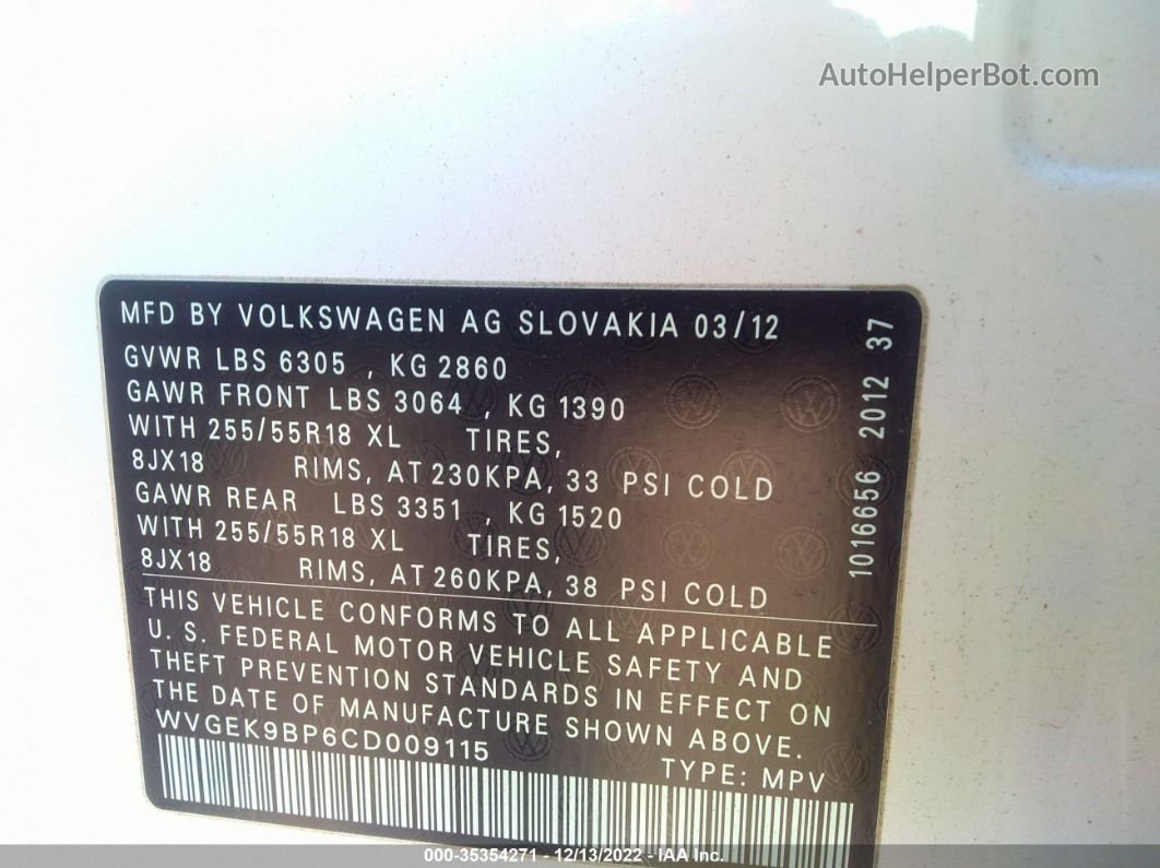 2012 Volkswagen Touareg Sport W/nav White vin: WVGEK9BP6CD009115