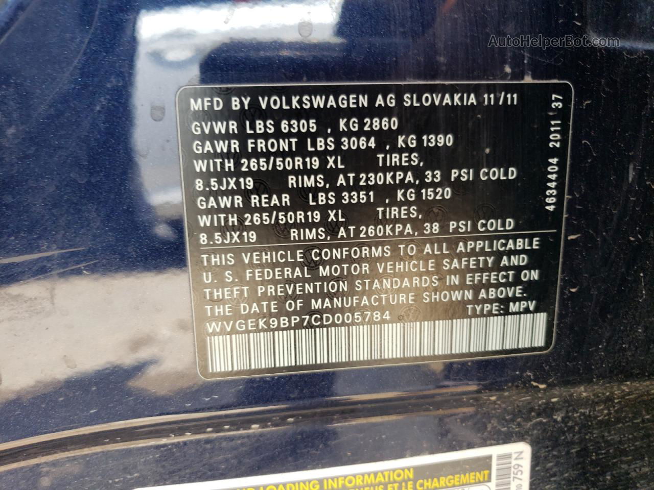 2012 Volkswagen Touareg V6 Tdi Blue vin: WVGEK9BP7CD005784