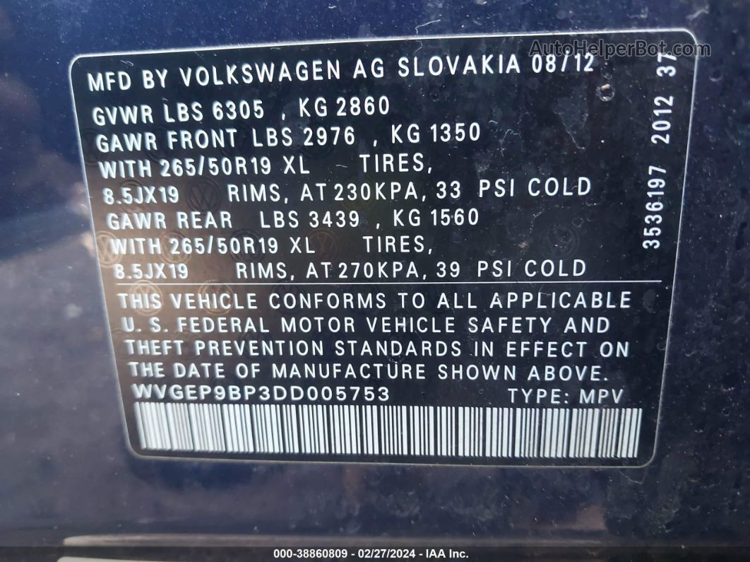 2013 Volkswagen Touareg Tdi Lux Blue vin: WVGEP9BP3DD005753