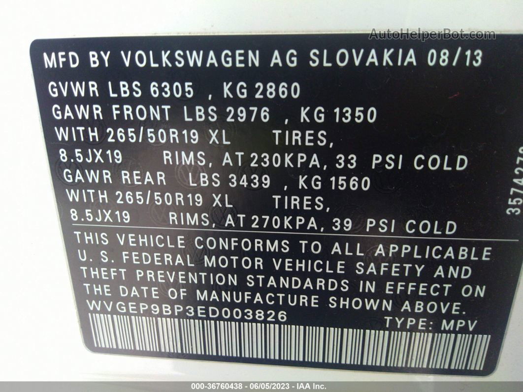 2014 Volkswagen Touareg Lux Белый vin: WVGEP9BP3ED003826