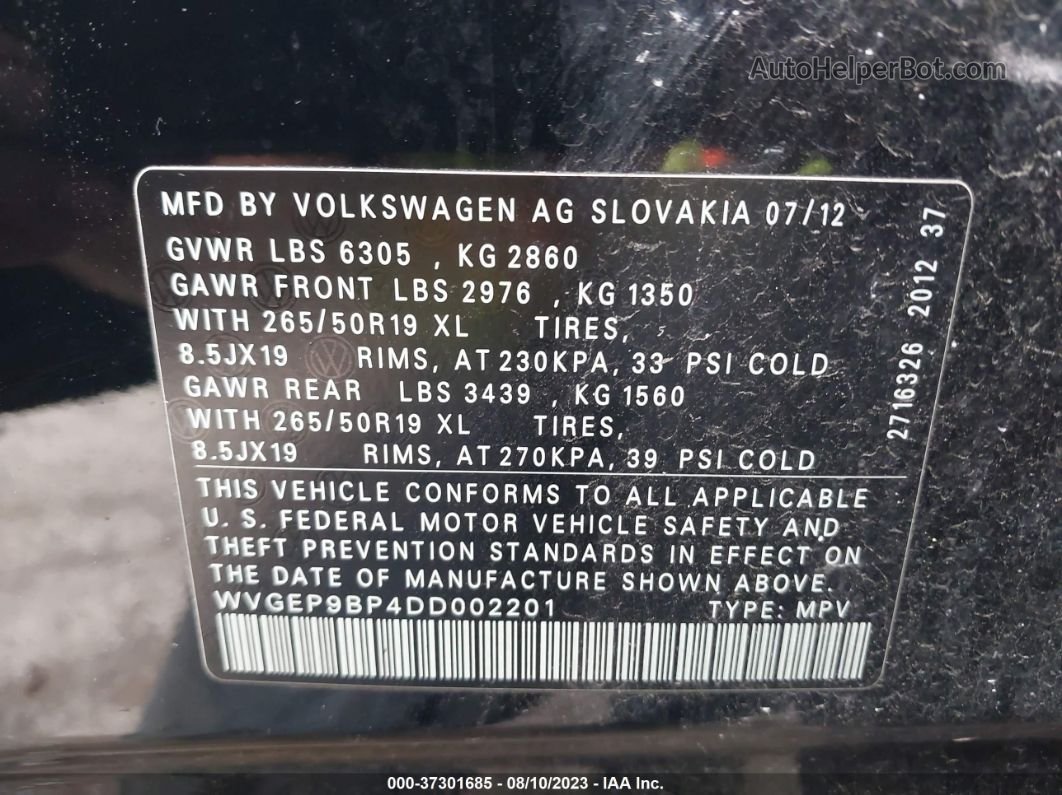2013 Volkswagen Touareg Lux Black vin: WVGEP9BP4DD002201