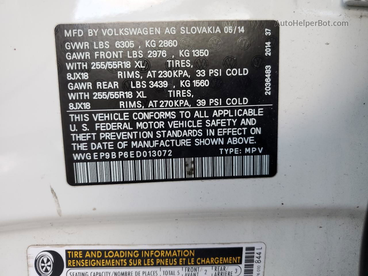 2014 Volkswagen Touareg V6 Tdi Белый vin: WVGEP9BP6ED013072