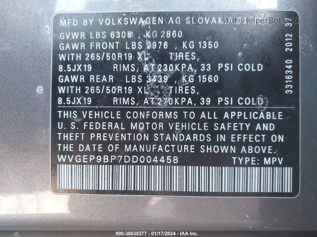 2013 Volkswagen Touareg Tdi Lux Gray vin: WVGEP9BP7DD004458