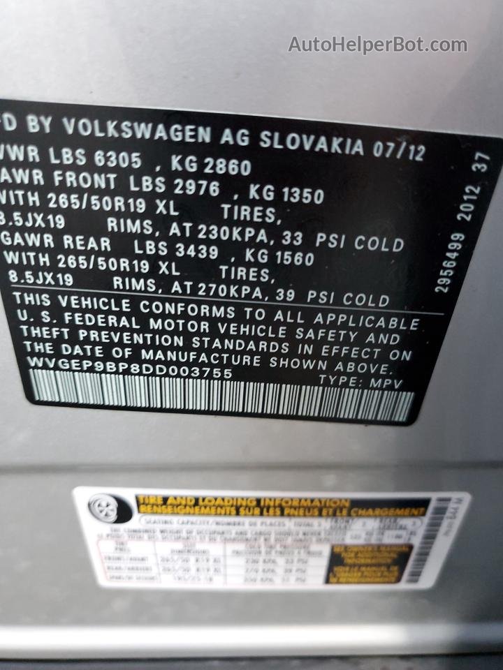 2013 Volkswagen Touareg V6 Tdi Gray vin: WVGEP9BP8DD003755