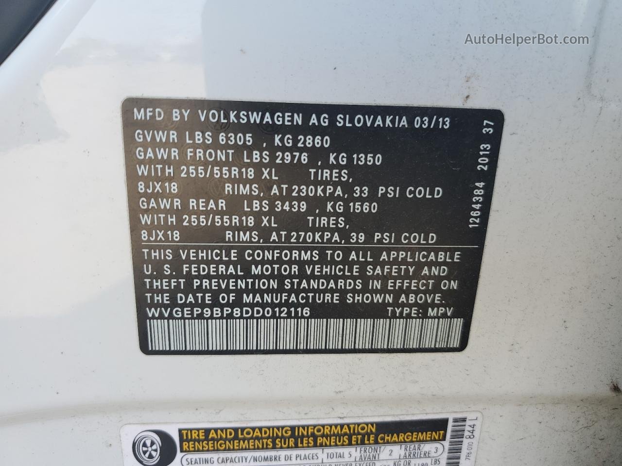 2013 Volkswagen Touareg V6 Tdi Белый vin: WVGEP9BP8DD012116