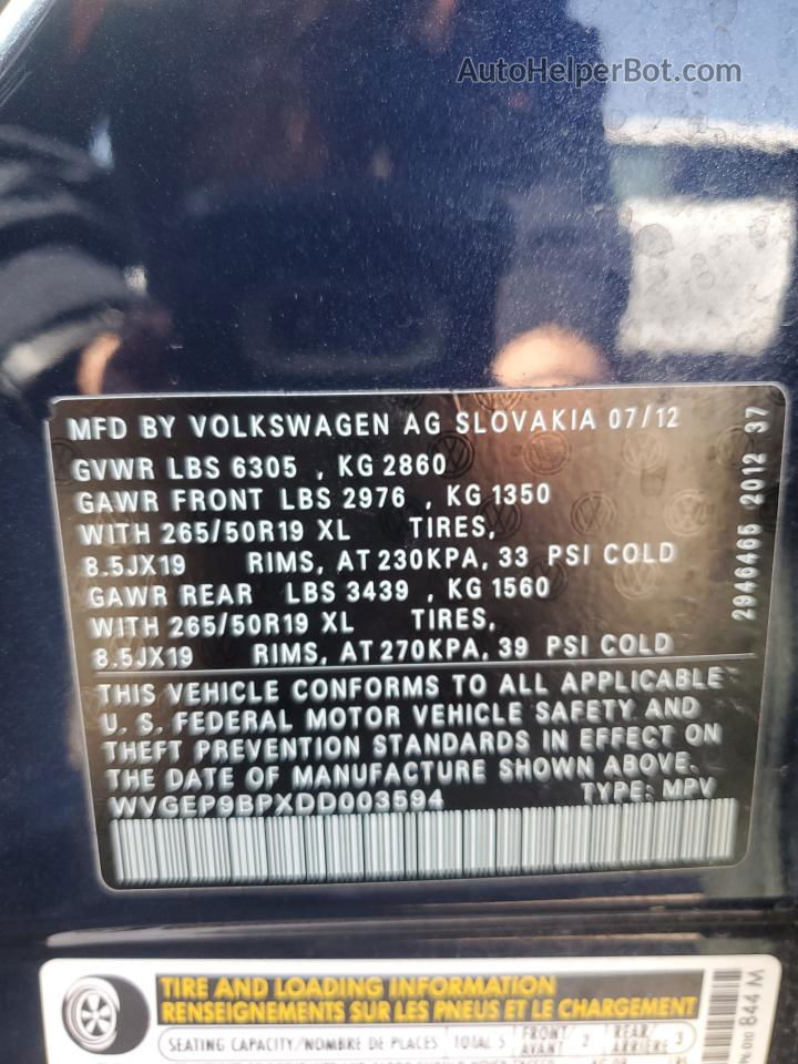 2013 Volkswagen Touareg V6 Tdi Blue vin: WVGEP9BPXDD003594
