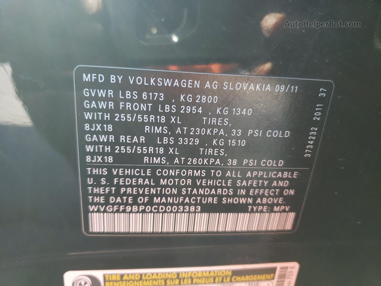 2012 Volkswagen Touareg V6 Black vin: WVGFF9BP0CD003383