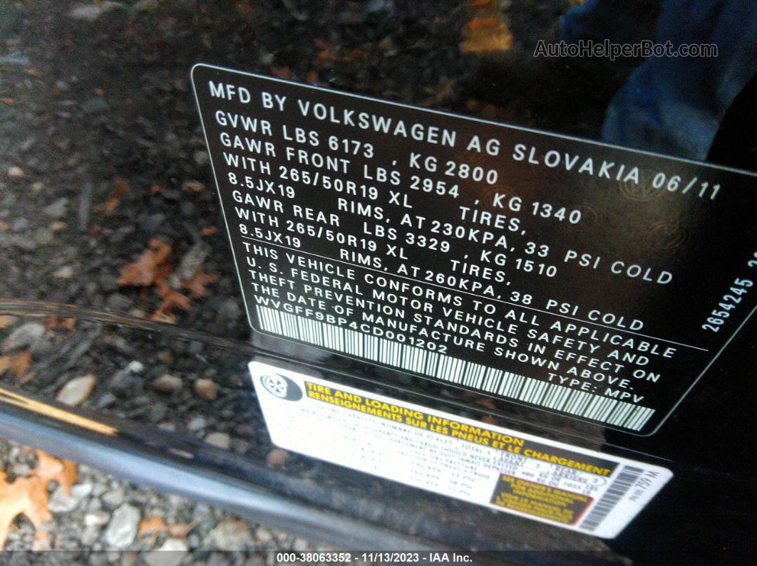 2012 Volkswagen Touareg Vr6 Lux Black vin: WVGFF9BP4CD001202