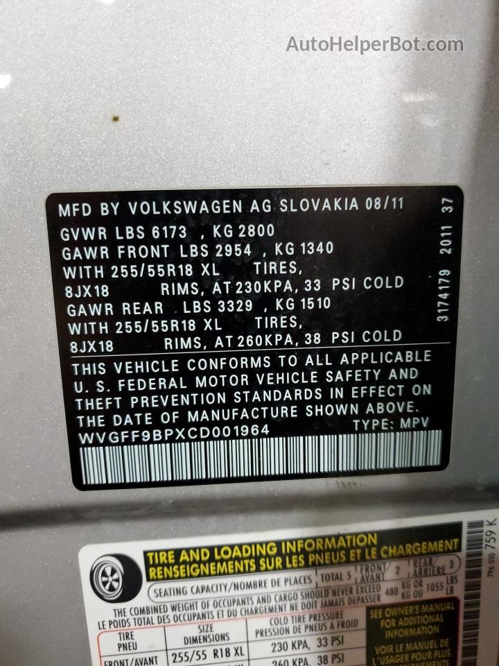2012 Volkswagen Touareg V6 Silver vin: WVGFF9BPXCD001964